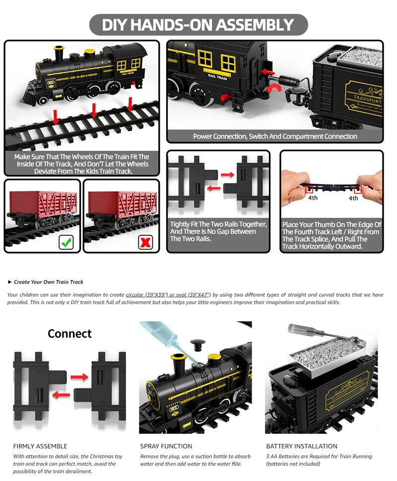Step-by-step guide for assembling a toy train set with various components and instructions.