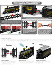 Step-by-step guide for assembling a toy train set with various components and instructions.