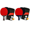 Two sets of red ping pong paddles with black handles and cases on a white background.