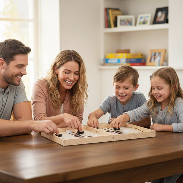 Tabletop foosball game with wooden frame and white and black players on a white background