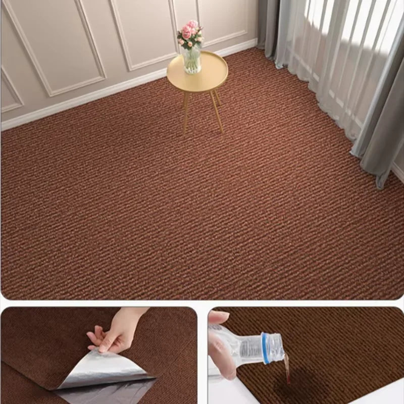Brown carpet with a table and flowers in a room setting, followed by close-ups of hands using the carpet.