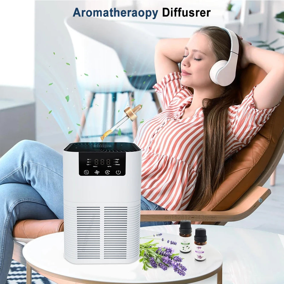 Woman relaxing with headphones, Aromatherapy Diffuser, and essential oils on a table.