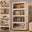 Storage cabinet with various items on shelves, showing dimensions and features.