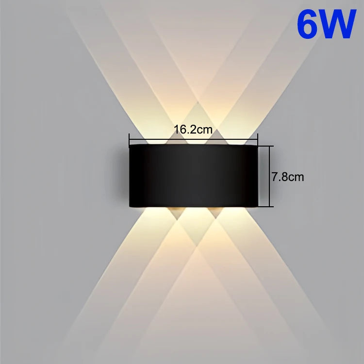 Black wall light fixture with measurements and 6W rating on a gray background