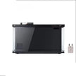 Black aquarium with clear front panel and a power adapter on a white background