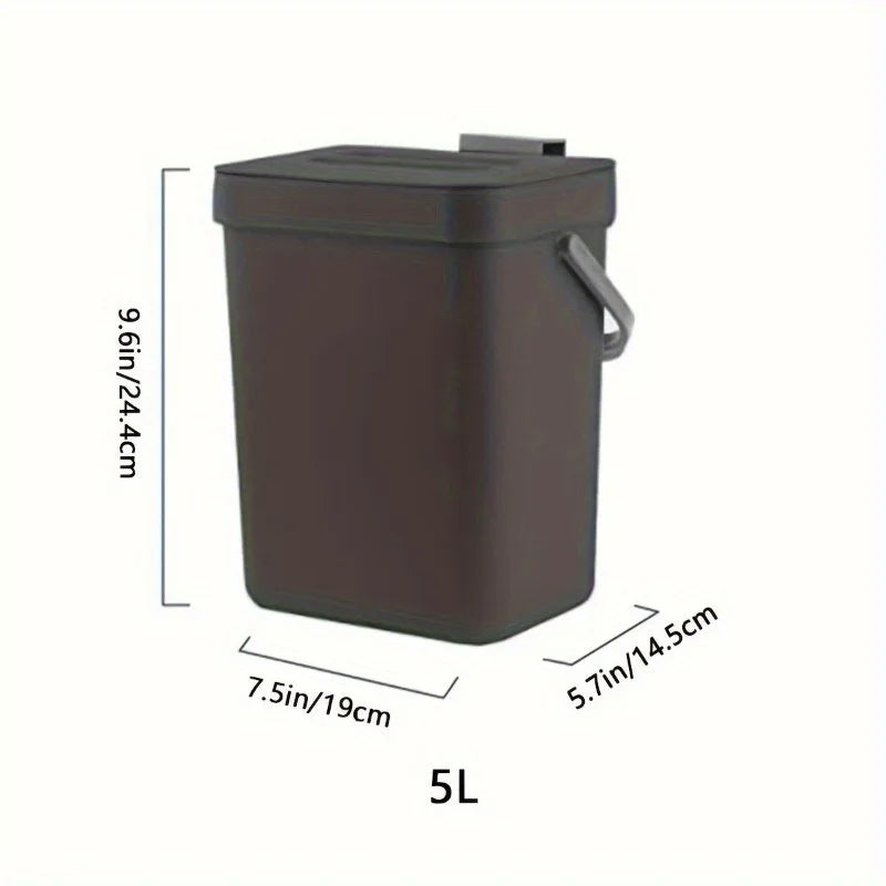 Dark brown trash bin with dimensions labeled on a white background