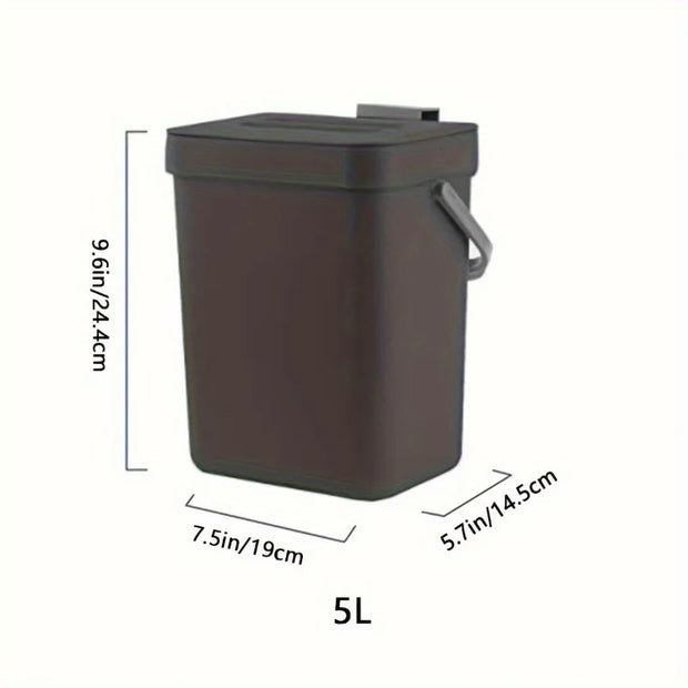 Dark brown trash bin with dimensions labeled on a white background