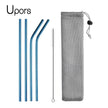Set of blue metal straws with a cleaning brush and mesh pouch on a white background, featuring the brand 'Upors'.