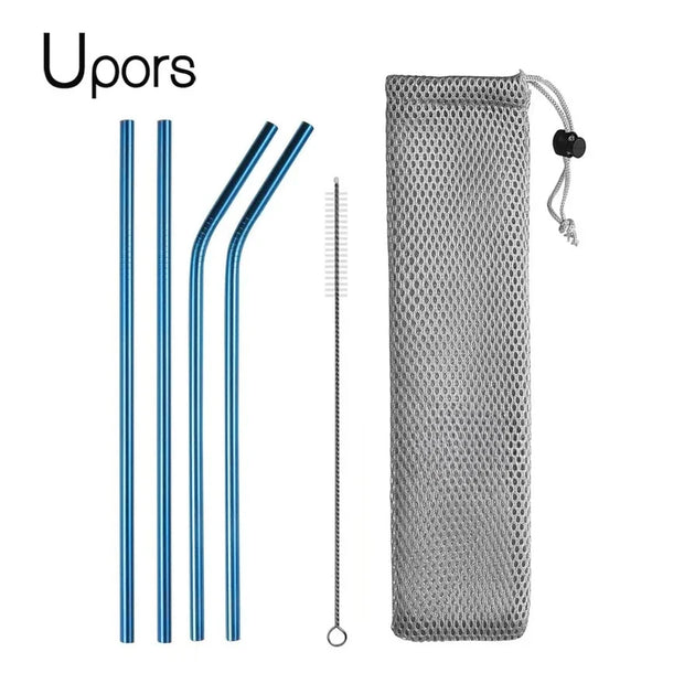 Set of blue metal straws with a cleaning brush and mesh pouch on a white background, featuring the brand 'Upors'.