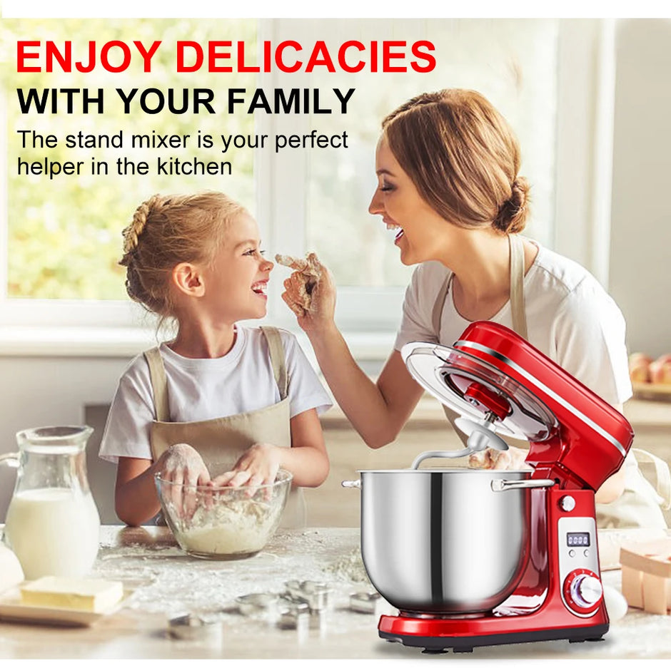 Woman and child in a kitchen with a red stand mixer, enjoying delicacies together.