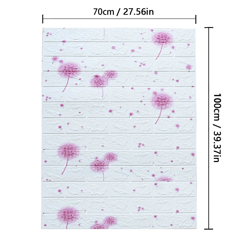 Sheet of paper with dandelion design and measurements on a white background