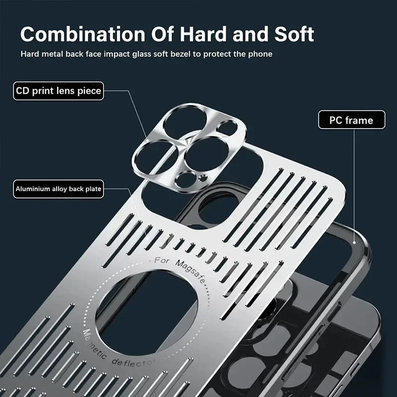 Phone case with labeled components on a dark background