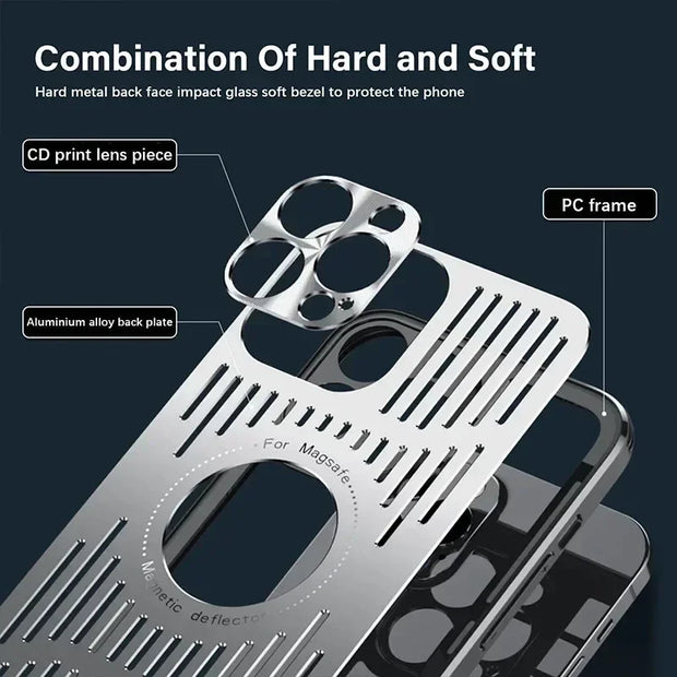 Phone case with labeled components on a dark background