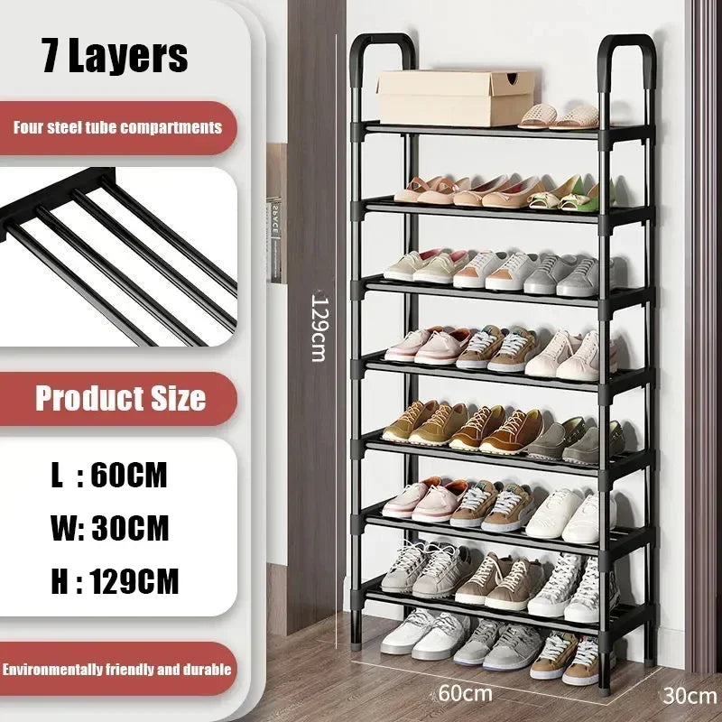 7-layer shoe rack with shoes on shelves, showing product size details.