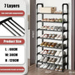 7-layer shoe rack with shoes on shelves, showing product size details.