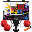 Mini basketball hoop set with colorful backboard, two red basketballs, and a pump on a white background.