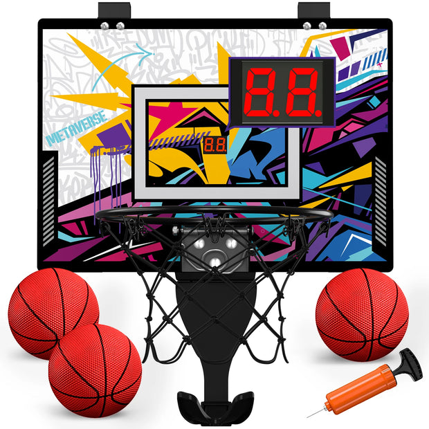 Mini basketball hoop set with colorful backboard, two red basketballs, and a pump on a white background.