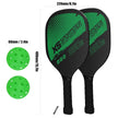 Two pickleball paddles with green text and dimensions displayed on a white background