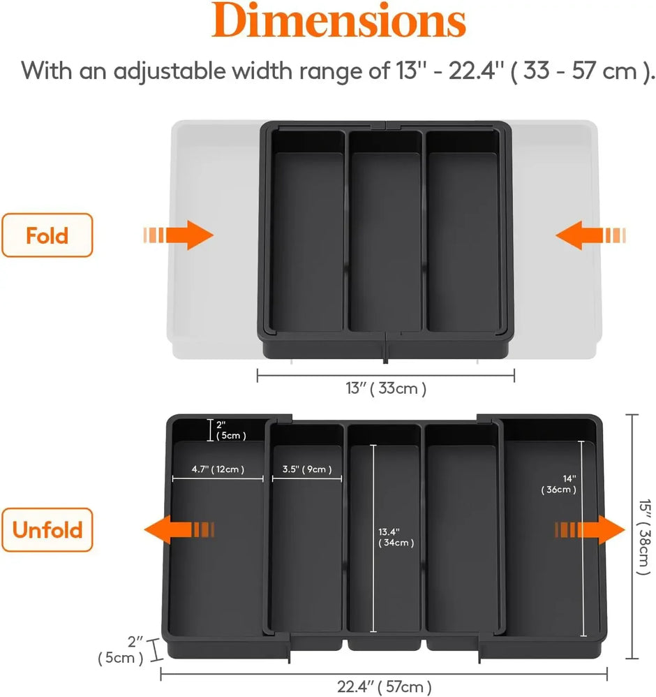 Collapsible tray with adjustable width range and measurements on a white background