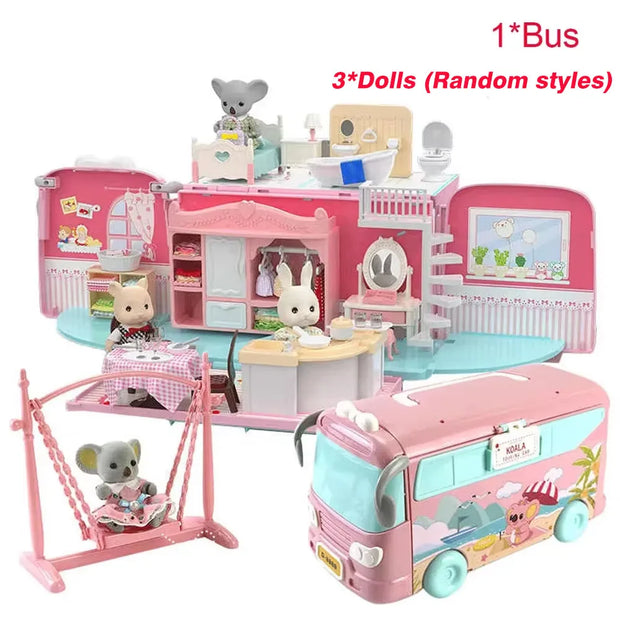 Koala Family Dollhouse Tour Bus – DIY Pretend Play Set with Furniture & Dolls | CONUSEA