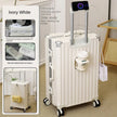 White suitcase with multiple compartments and features on a neutral background