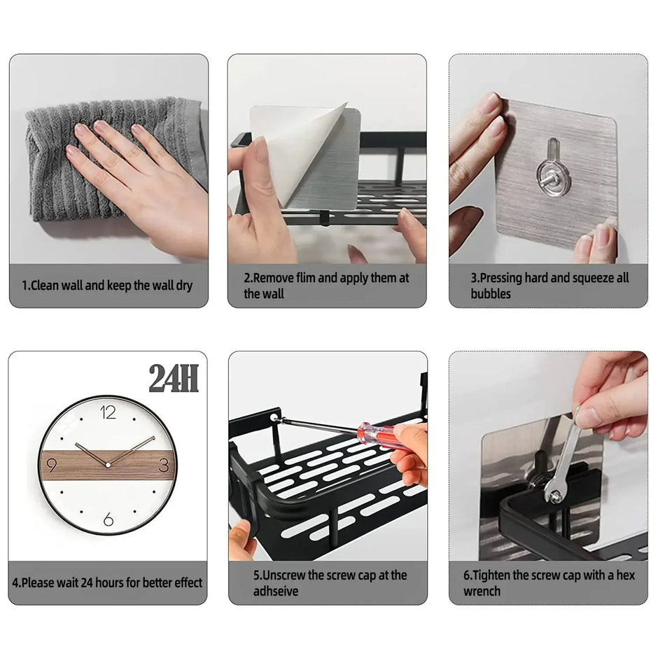 Step-by-step installation guide for a wall-mounted product with close-up actions.