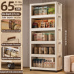Storage cabinet with product display, showing dimensions and features on the left.