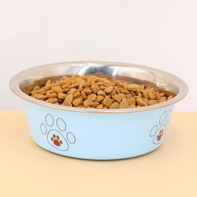 Dog food in a blue and silver bowl with paw prints on a beige surface
