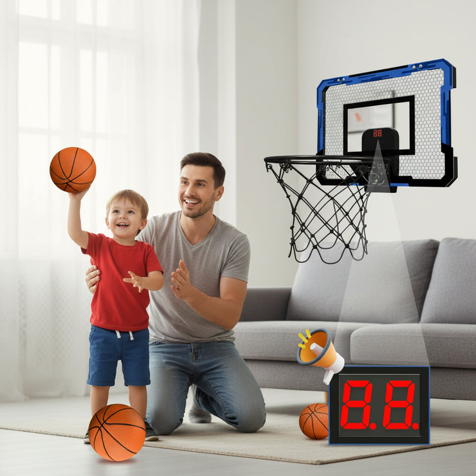 Child playing basketball with a digital scoreboard and glowing effects on a dark background