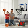 Child playing basketball with a digital scoreboard and glowing effects on a dark background