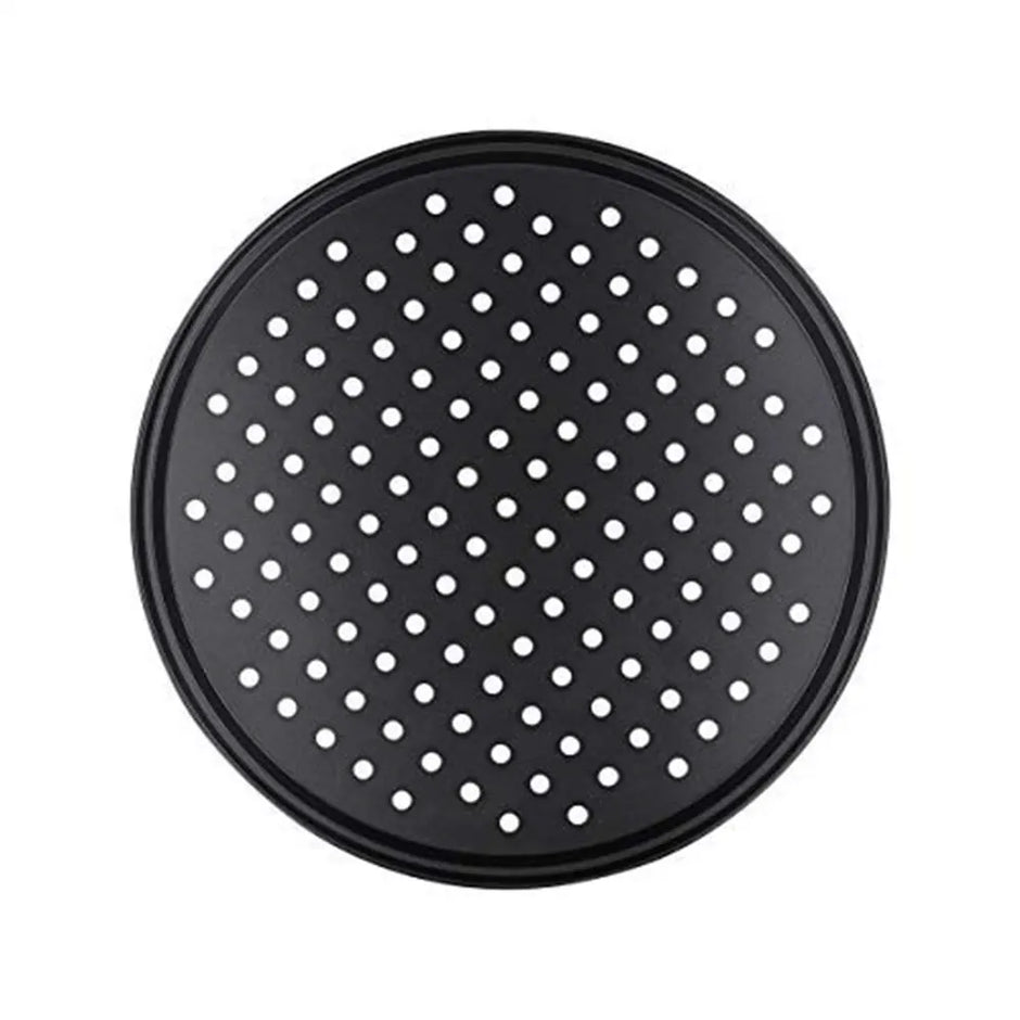 Black pizza pan with holes on a white background