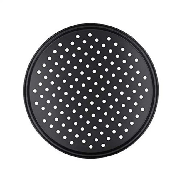 Black pizza pan with holes on a white background