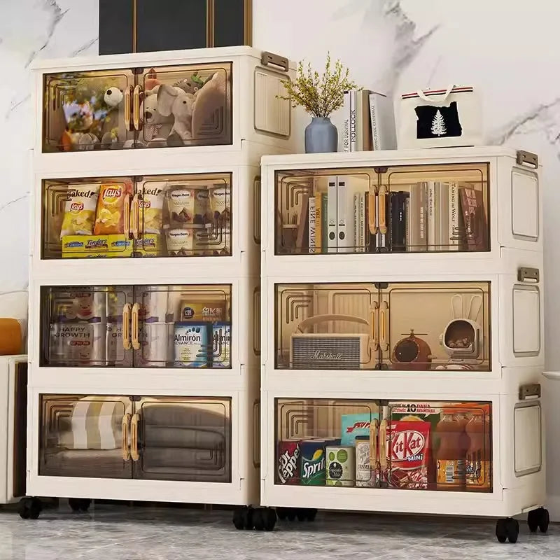 White storage cabinet with transparent doors displaying various items on a marble floor.