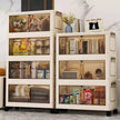 White storage cabinet with transparent doors displaying various items on a marble floor.