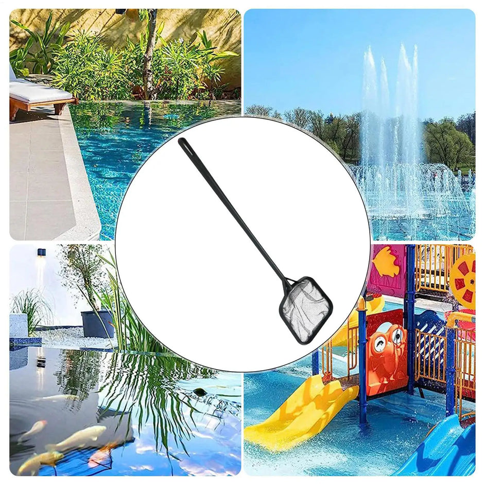 Collage of pool cleaning tools with a close-up of a net, surrounded by poolside images.
