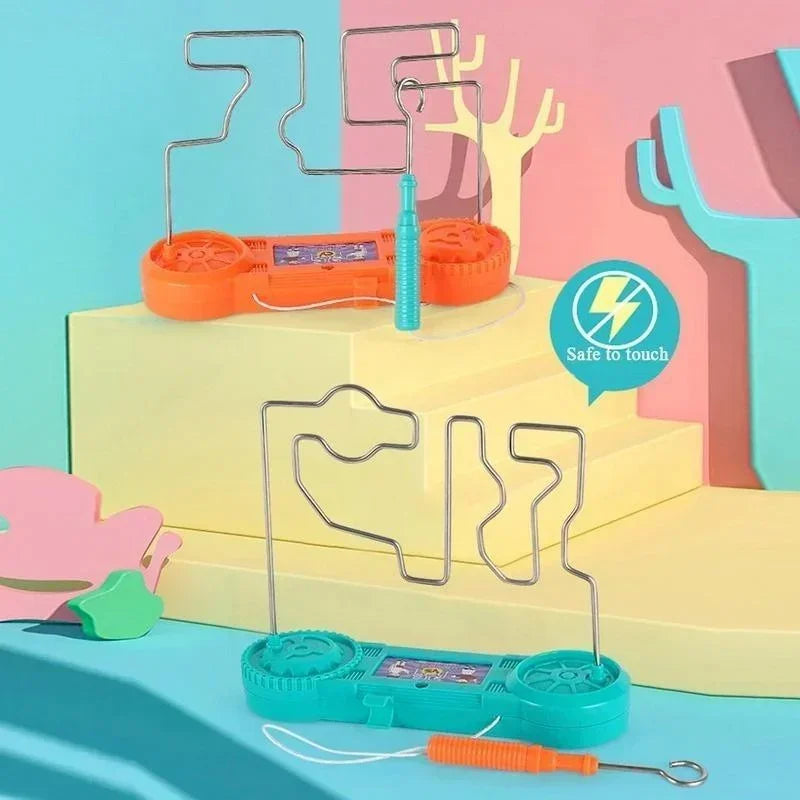 Colorful toy set with tools and safety label on a gradient background