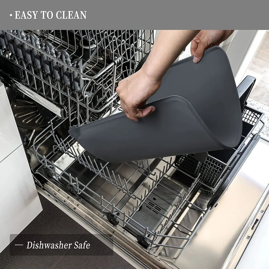 Person placing a gray dishrag into an open dishwasher with text indicating 'Easy to Clean' and 'Dishwasher Safe'.