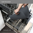 Person placing a gray dishrag into an open dishwasher with text indicating 'Easy to Clean' and 'Dishwasher Safe'.