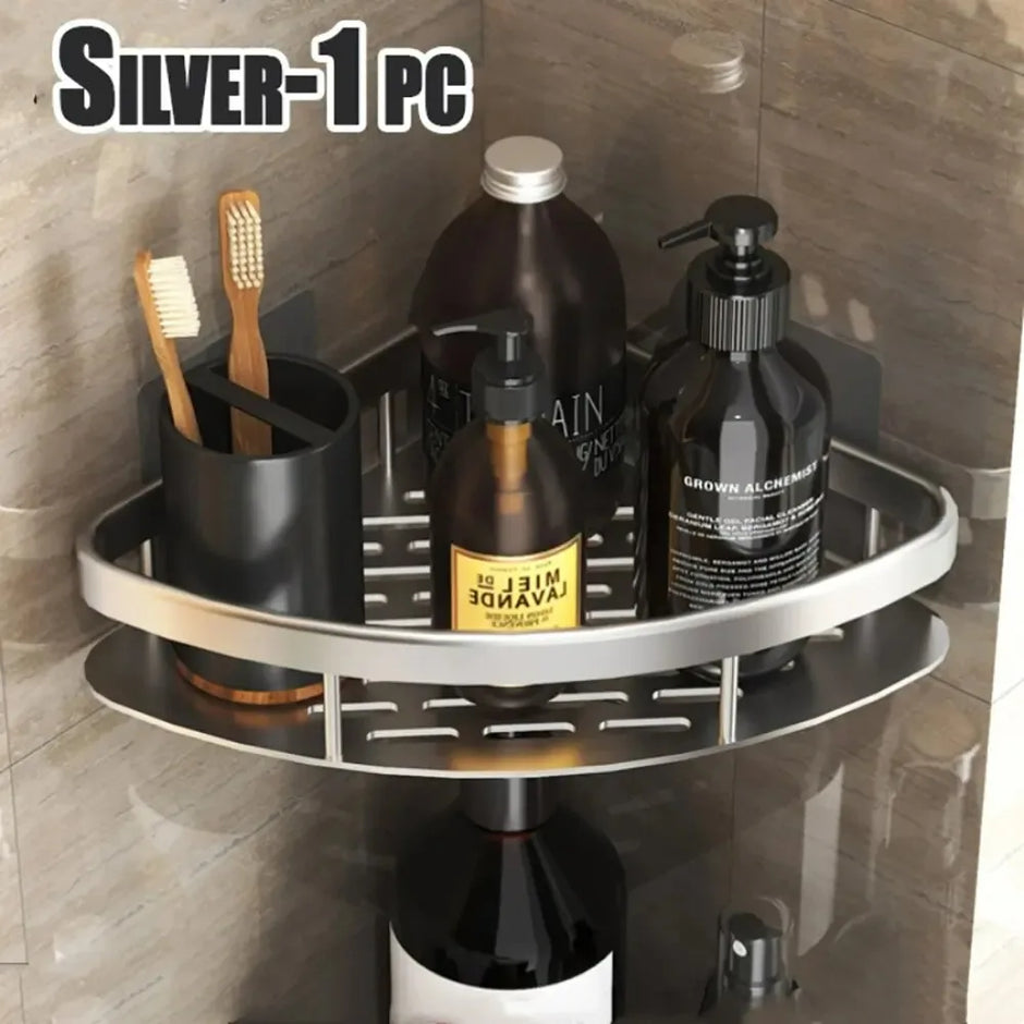 Bathroom corner shelf with toiletries on a tiled wall background