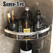 Bathroom corner shelf with toiletries on a tiled wall background