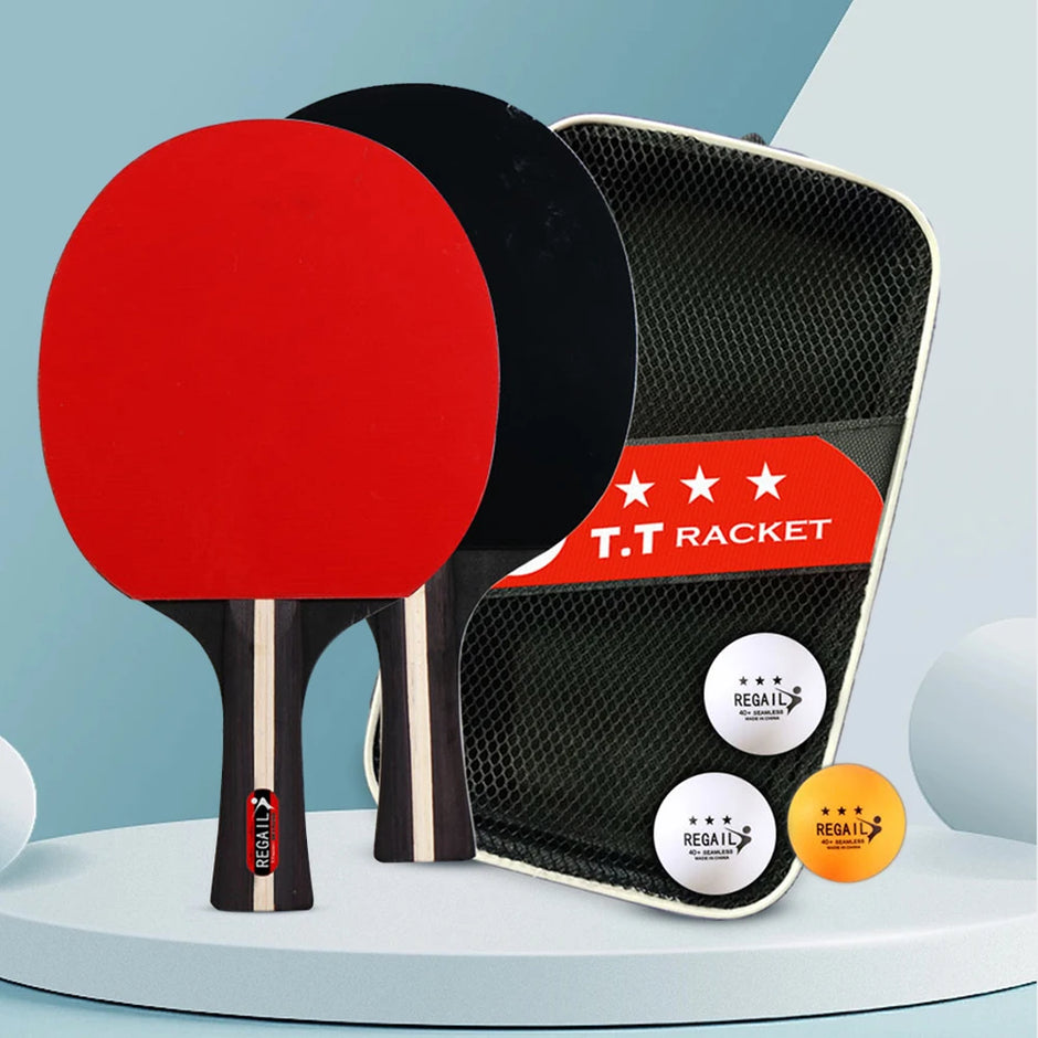 Two table tennis rackets with red and black paddles and a carrying case on a light blue background.