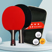 Two table tennis rackets with red and black paddles and a carrying case on a light blue background.