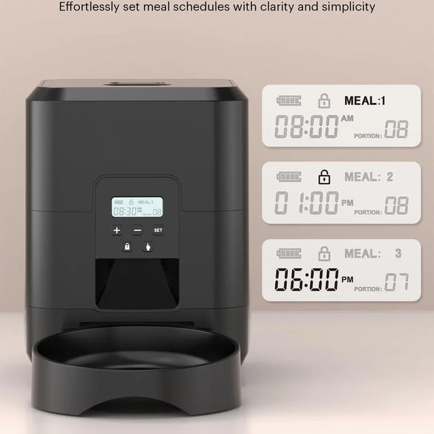 Black pet feeder with digital display and scheduled meal timers on a beige background