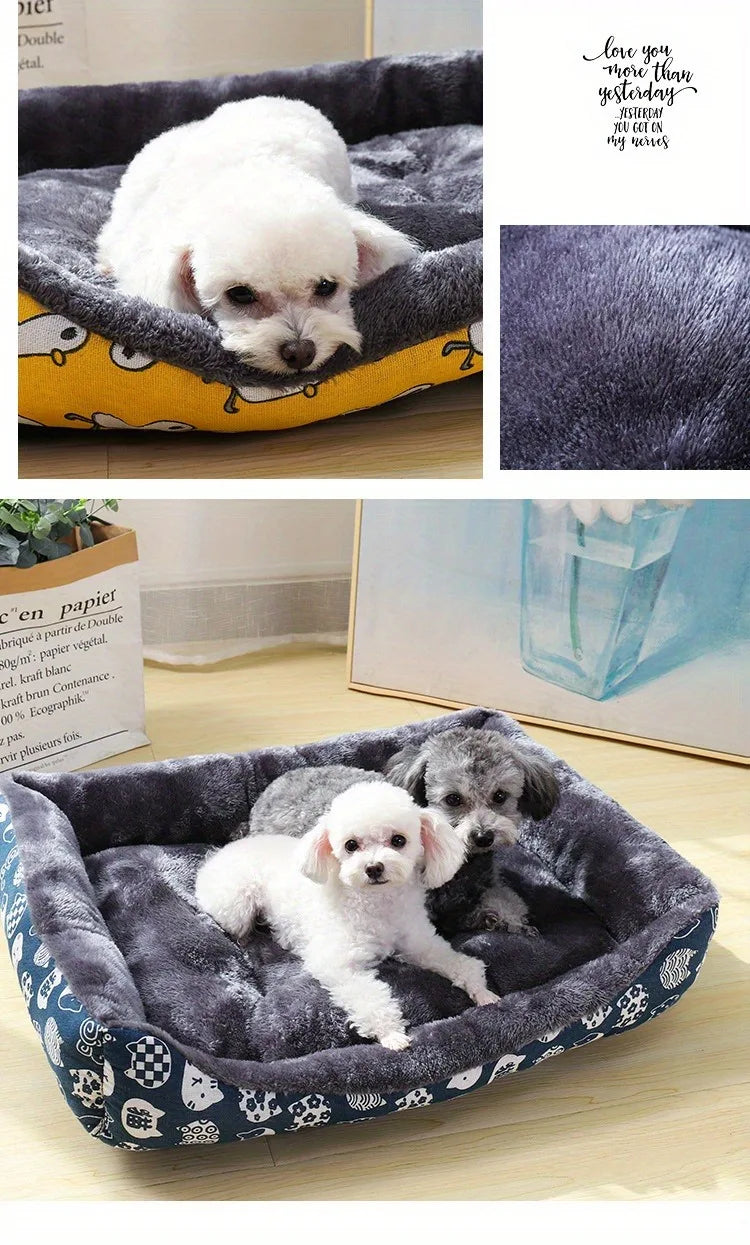 Collage of a dog lying on a patterned pet bed with close-up shots of the fabric texture.