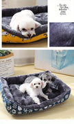 Collage of a dog lying on a patterned pet bed with close-up shots of the fabric texture.