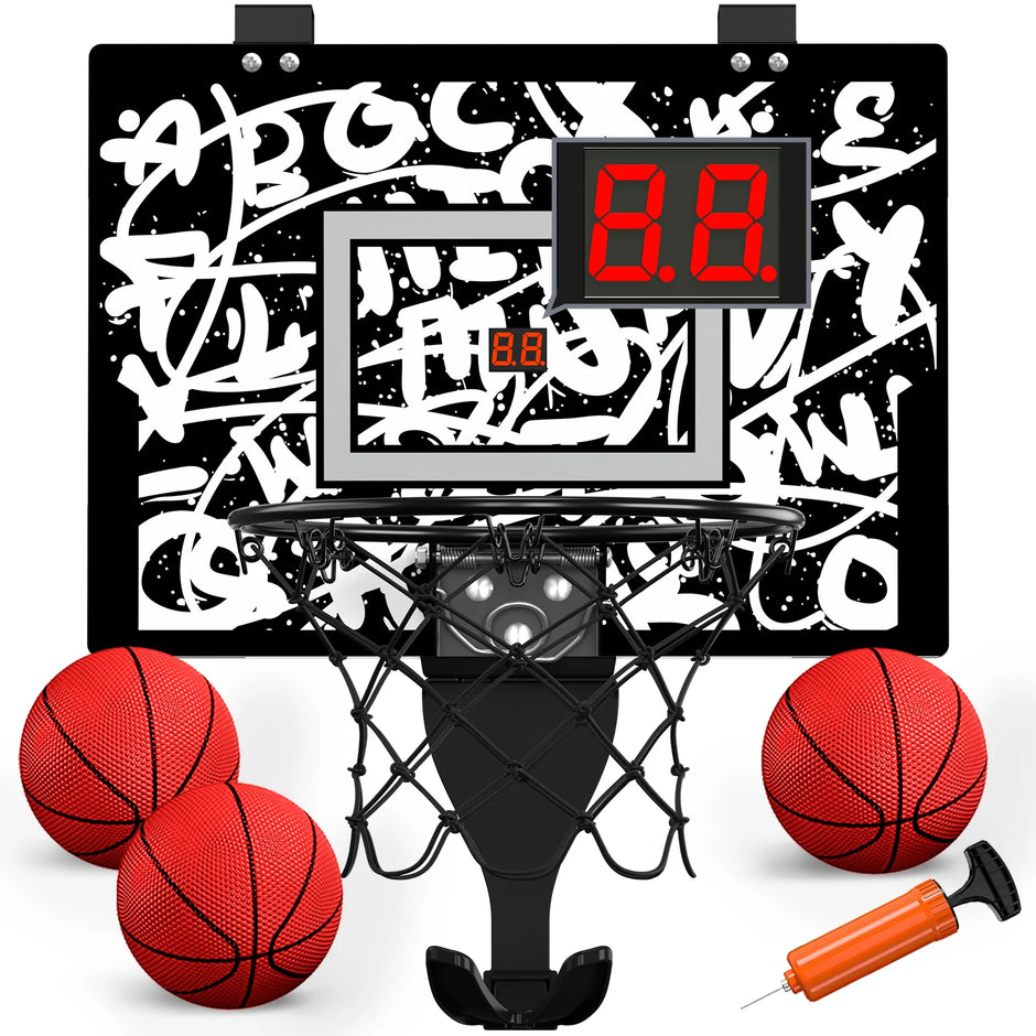 Mini basketball hoop set with digital scoreboard, three red basketballs, and a pump on a white background.