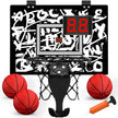 Mini basketball hoop set with digital scoreboard, three red basketballs, and a pump on a white background.