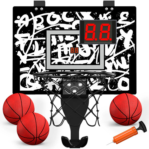 Mini basketball hoop set with digital scoreboard, three red basketballs, and a pump on a white background.