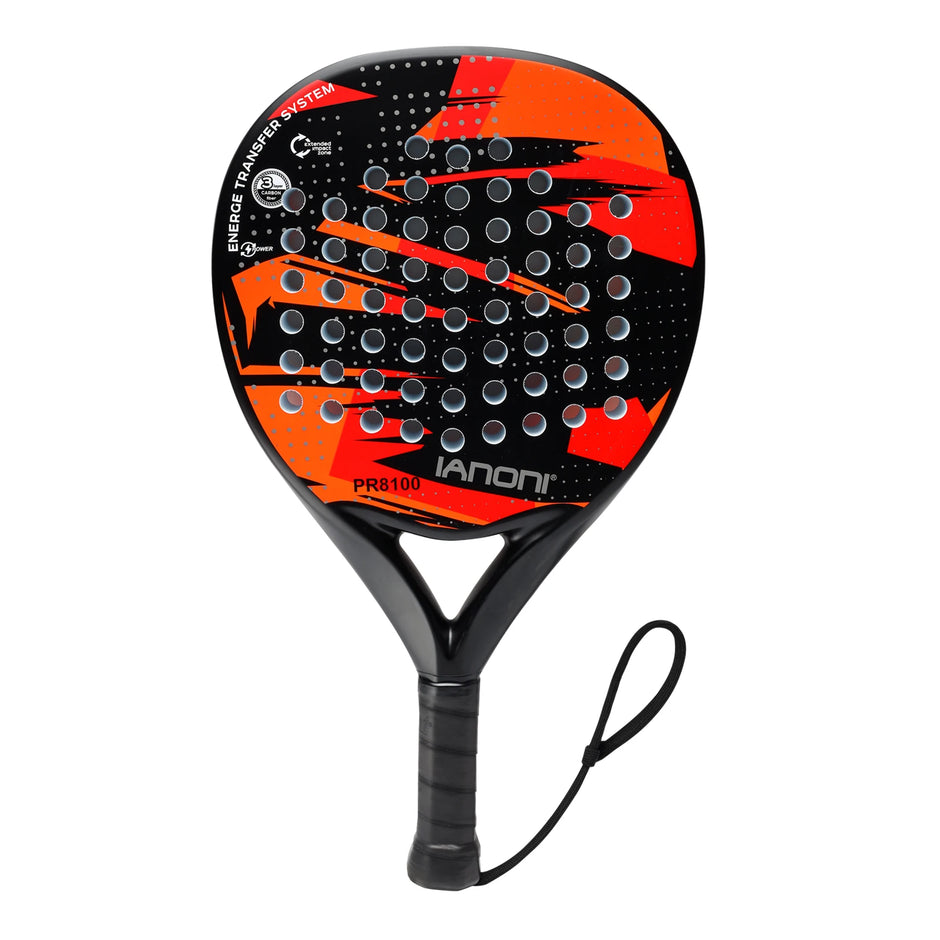 Orange and black tennis racket with 'Iannini' branding on a white background