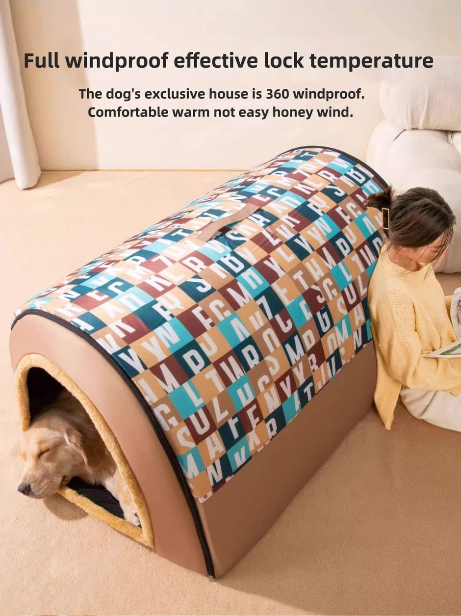 Dog house with colorful pattern on a carpeted floor, with text about windproof and temperature features.
